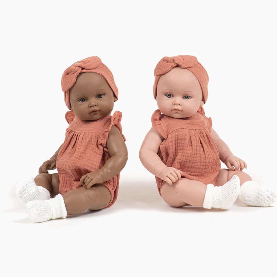 US stockist of Minikane's Yaelle Bambini Girl doll in Marsala Olivia Romper set