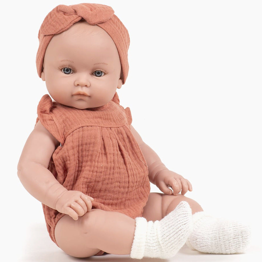 US stockist of Minikane's Yaelle Bambini Girl doll in Marsala Olivia Romper set