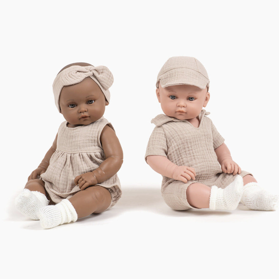 US stockist of Minikane's Yann Bambini Boy Doll in his Beige Tom Jumpsuit Set