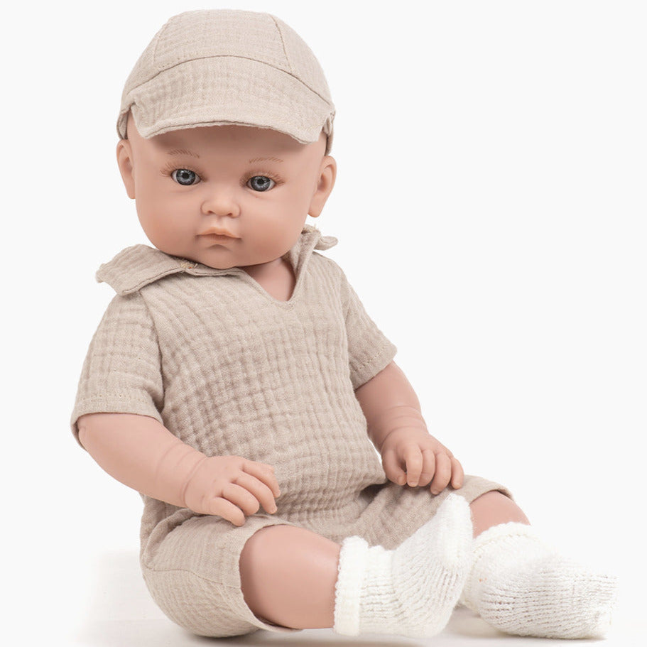 US stockist of Minikane's Yann Bambini Boy Doll in his Beige Tom Jumpsuit Set