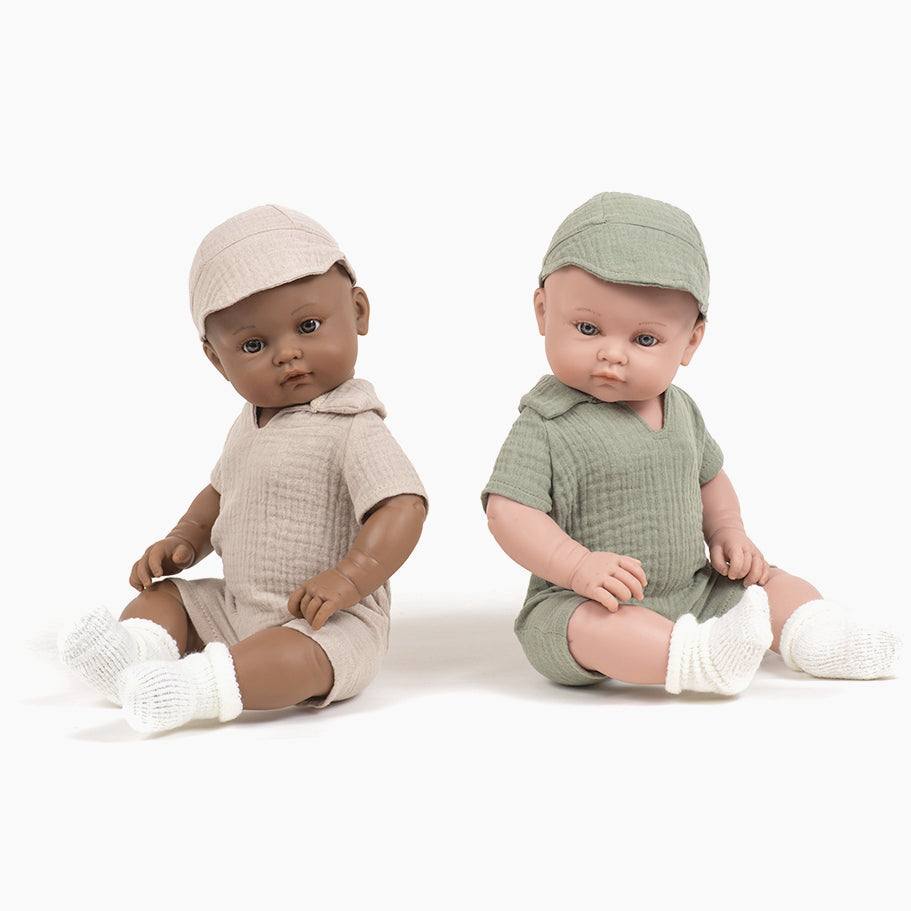 US stockist of Minikane's Yann Bambini Boy Doll in his Green Tom Jumpsuit Set