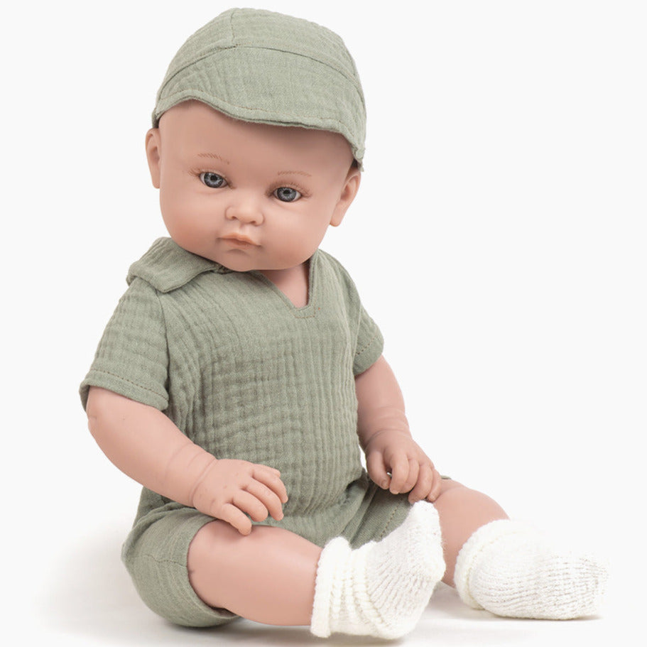 US stockist of Minikane's Yann Bambini Boy Doll in his Green Tom Jumpsuit Set