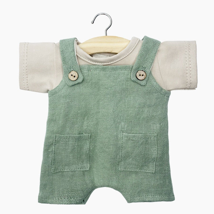 US stockist of Minikane's Antonin Sage Green Linen overalls + ecru jersey t-shirt.