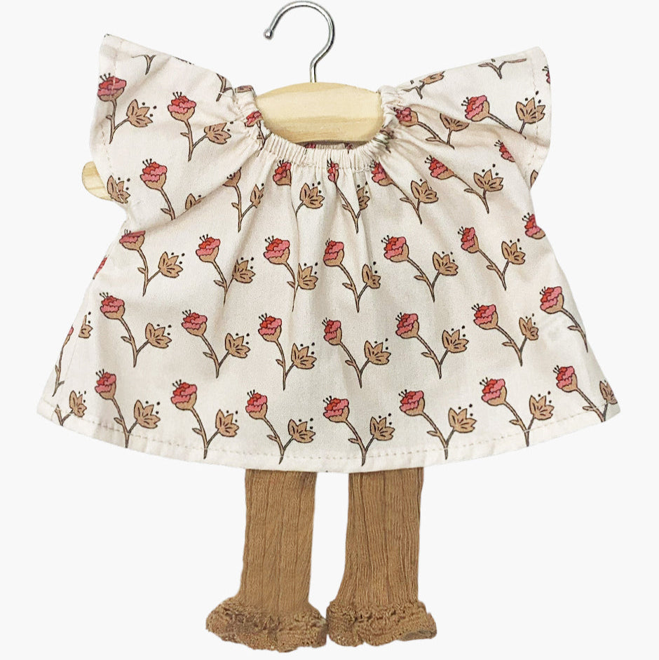 US stockist of Minikane's 2 piece  set with a Mazarine Cotton Flower top and ruffled Caramel footless tights.