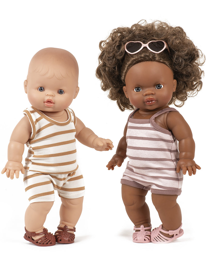 US stockist of Minikane's Marcel Doll's 2pc underwear set in Beige Striped.