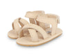 US stockist of Donsje USA's Giggles premium handmade leather sandals.  Cream in color with velcro fastening at back.  Sizes 0-12 mths have soft sole, 12-30mths have a soft flexible, rubber sole.
