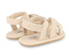 US stockist of Donsje USA's Giggles premium handmade leather sandals.  Cream in color with velcro fastening at back.  Sizes 0-12 mths have soft sole, 12-30mths have a soft flexible, rubber sole.