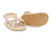 US stockist of Donsje USA's Giggles premium handmade leather sandals.  Cream in color with velcro fastening at back.  Sizes 0-12 mths have soft sole, 12-30mths have a soft flexible, rubber sole.