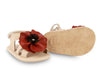 US stockist of Donsje USA's Poppy Tuti Fields premium handmade leather sandals.  Cream in color with beautiful red poppy on front and velcro fastening at back.  Sizes 0-12 mths have soft sole, 12-30mths have a soft flexible, rubber sole.