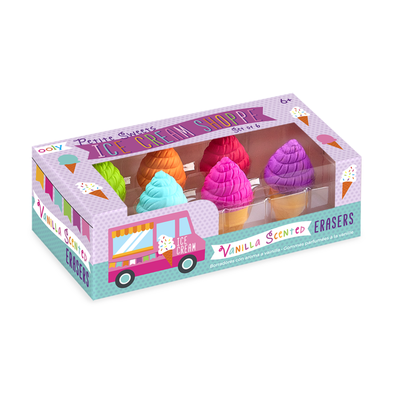 US stockist of Ooly's vanilla scented petite sweets ice cream erasers.  Set of 6.