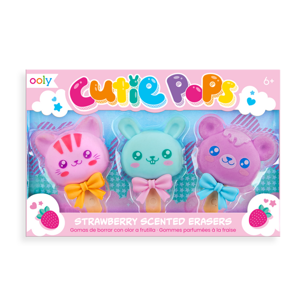 Stockist of Ooly's set of 3, strawberry scented, Cutie Pops Erasers.