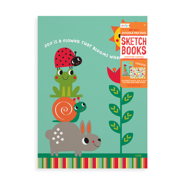 Stockist of Ooly's Sunshine Garden Doodle Pad Duo Sketch Books.  Features 2 sketch books with 32 pages of quality sketch paper.  Covers are of cute little garden critters.