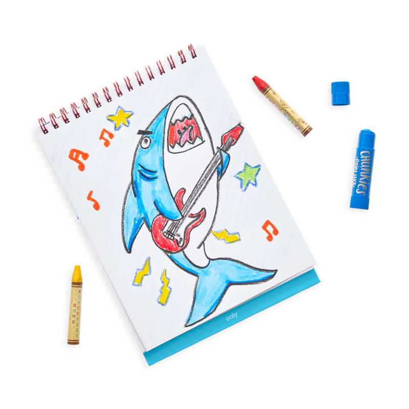 Stockist of Ooly's cute doodle world standing sketchbook.  Features 45 perforated pages of 8 x 10 120 gsm acid free white paper.  Cover has colorful doodles accented with glitter on it.