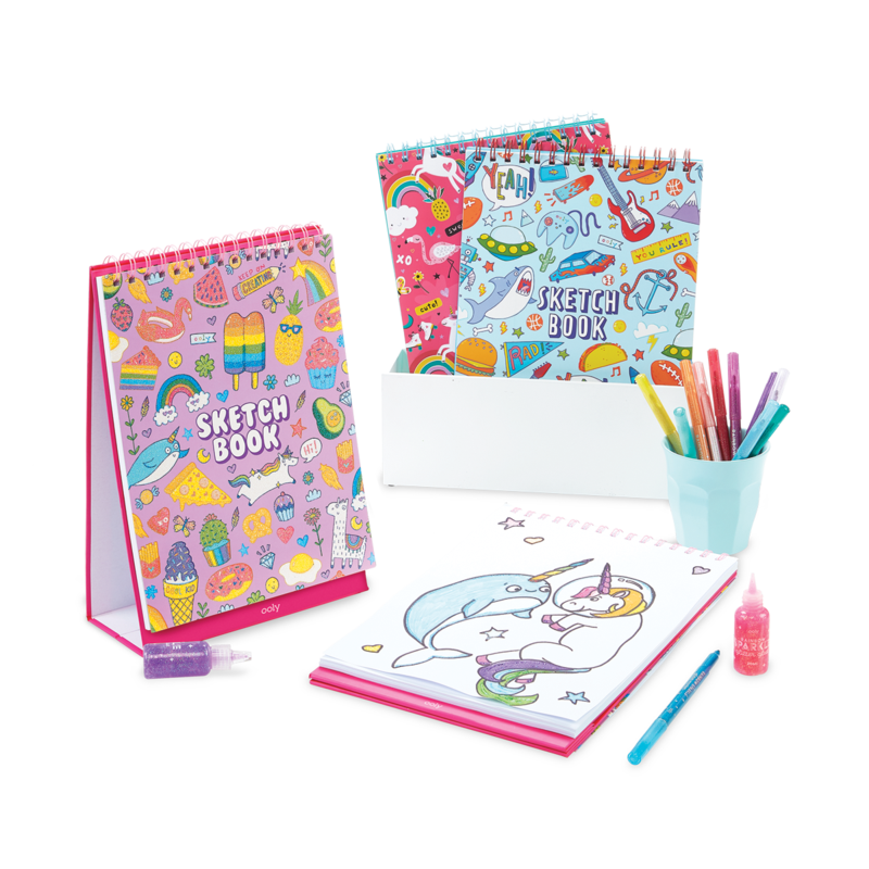 Stockist of Ooly's cute doodle world standing sketchbook.  Features 45 perforated pages of 8 x 10 120 gsm acid free white paper.  Cover has colorful doodles accented with glitter on it.