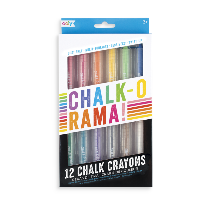 Stockist of Ooly's set of 12 Chalk-O-Rama dustless chalk crayons. Twist up barrel in 12 classic colors.