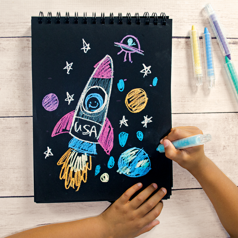 Stockist of Ooly's set of 12 Chalk-O-Rama dustless chalk crayons. Twist up barrel in 12 classic colors.