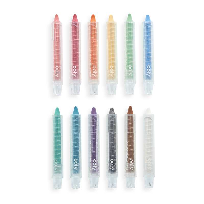 Stockist of Ooly's set of 12 Chalk-O-Rama dustless chalk crayons. Twist up barrel in 12 classic colors.