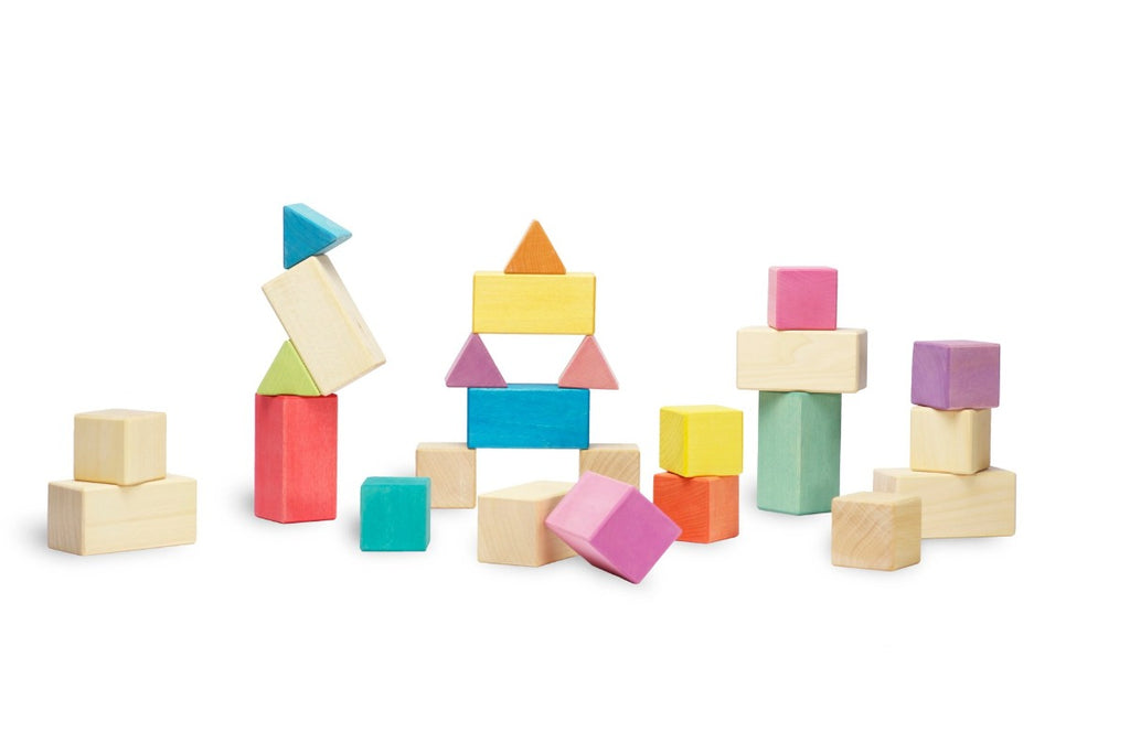 US stockist of Ocamora's set 25 colored wooden construction blocks. 