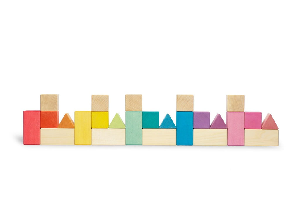US stockist of Ocamora's set 25 colored wooden construction blocks. 