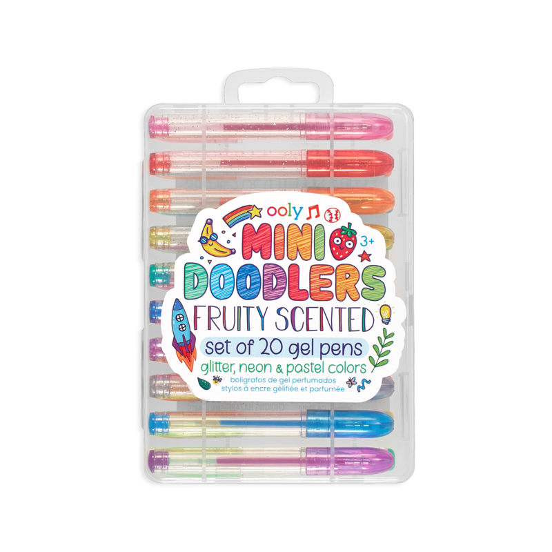 Stockist of Ooly's set of 20 Mini Doodlers Fruity Scented gel pens. Features 10 glitter gel pens, 5 neon gel pens and 5 pastel gel pens.