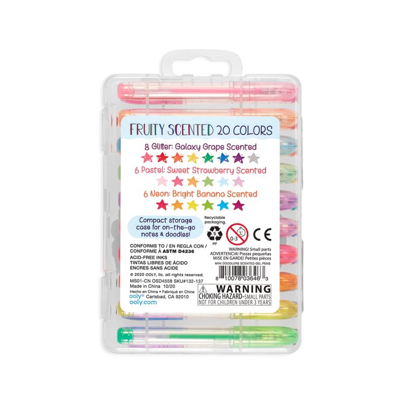 Stockist of Ooly's set of 20 Mini Doodlers Fruity Scented gel pens. Features 10 glitter gel pens, 5 neon gel pens and 5 pastel gel pens.