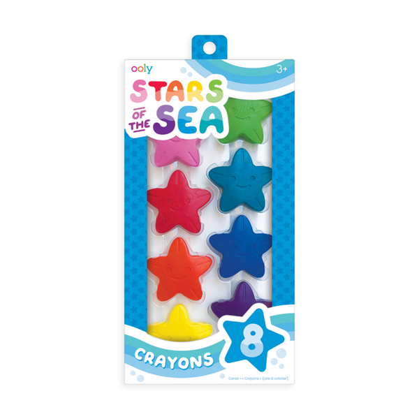 Stockist of Ooly. Set of 8 star shaped wax crayons in classic colors.