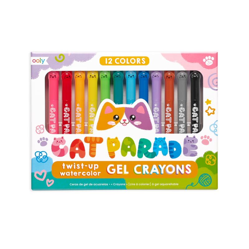Stockist of Ooly's set of 12 twist up watercolor Cat Parade gel crayons.  12 classic colors.