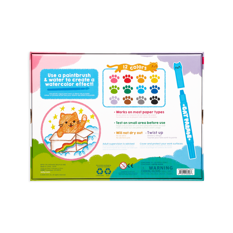 Stockist of Ooly's set of 12 twist up watercolor Cat Parade gel crayons.  12 classic colors.