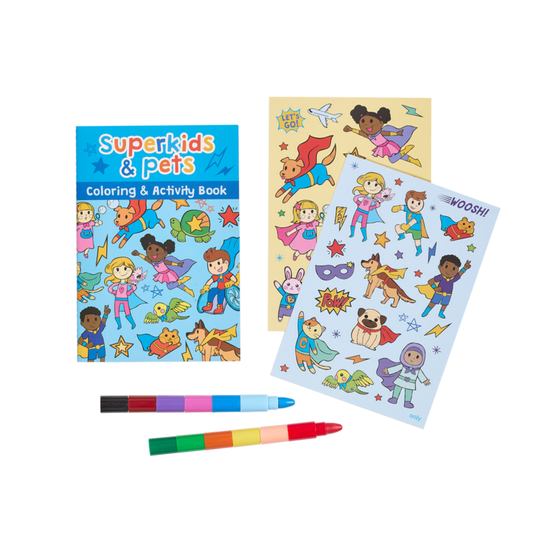 Stockist of Ooly's super kids and pets, mini traveller coloring + activity kit.