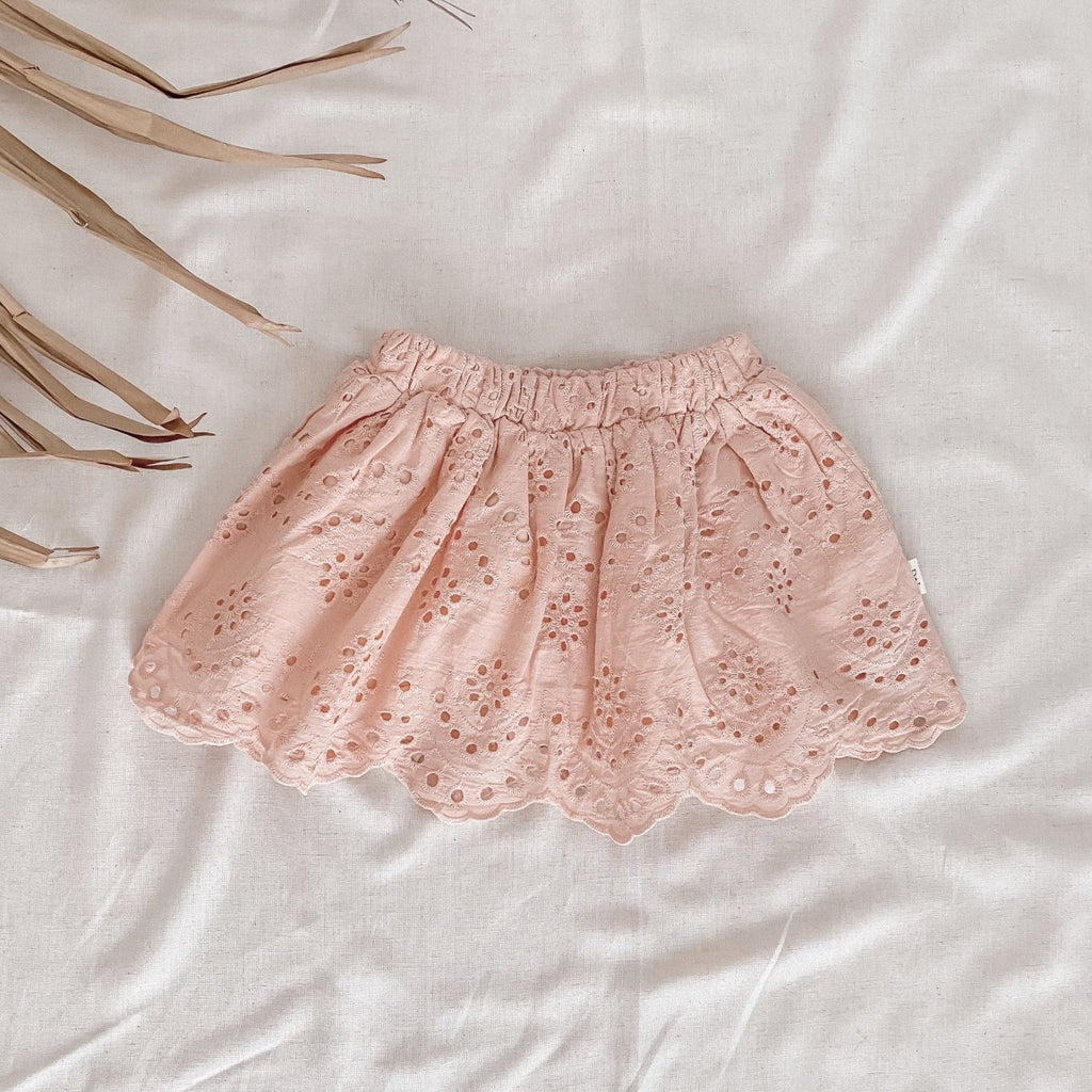 US stockist of India and Grace's broderie anglaise skirt in vintage pink.  Made from cotton, with an elastic waist and full lined.
