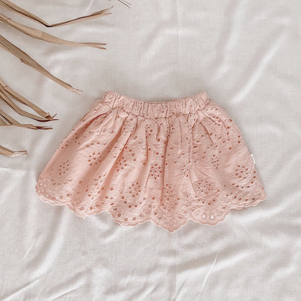 US stockist of India and Grace's broderie anglaise skirt in vintage pink.  Made from cotton, with an elastic waist and full lined.