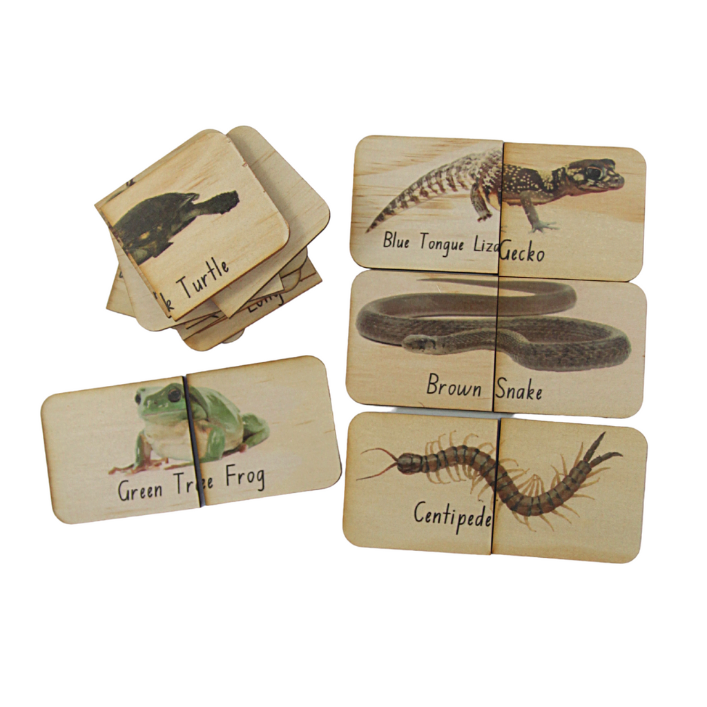 US stockist of Five Little Bears Australian Creepy Crawlies 18 piece matching puzzle.  Two piece puzzles featuring  9 Australian animals.