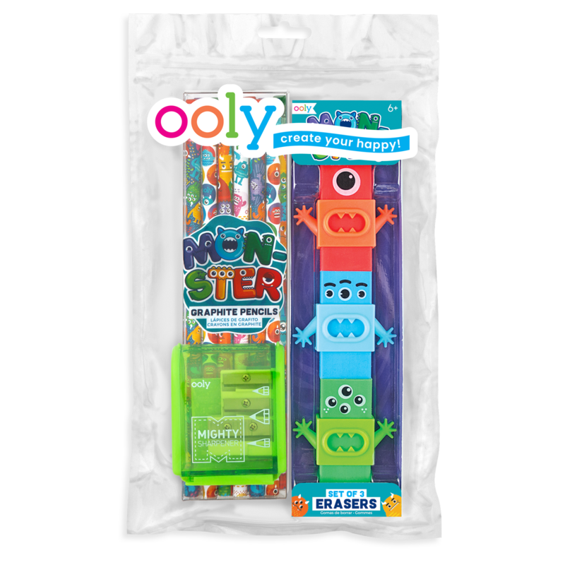 US stockist of Ooly's Monsters Happy Pack.  Contains  set of 6 graphite pencils, 3 monster erasers and a pencil sharpner.