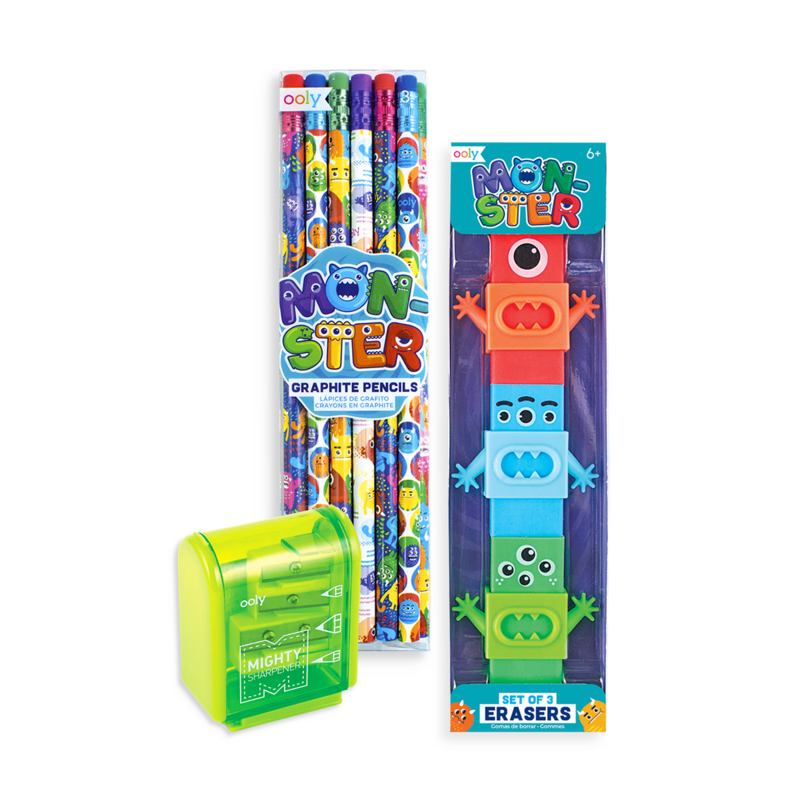 US stockist of Ooly's Monsters Happy Pack.  Contains  set of 6 graphite pencils, 3 monster erasers and a pencil sharpner.