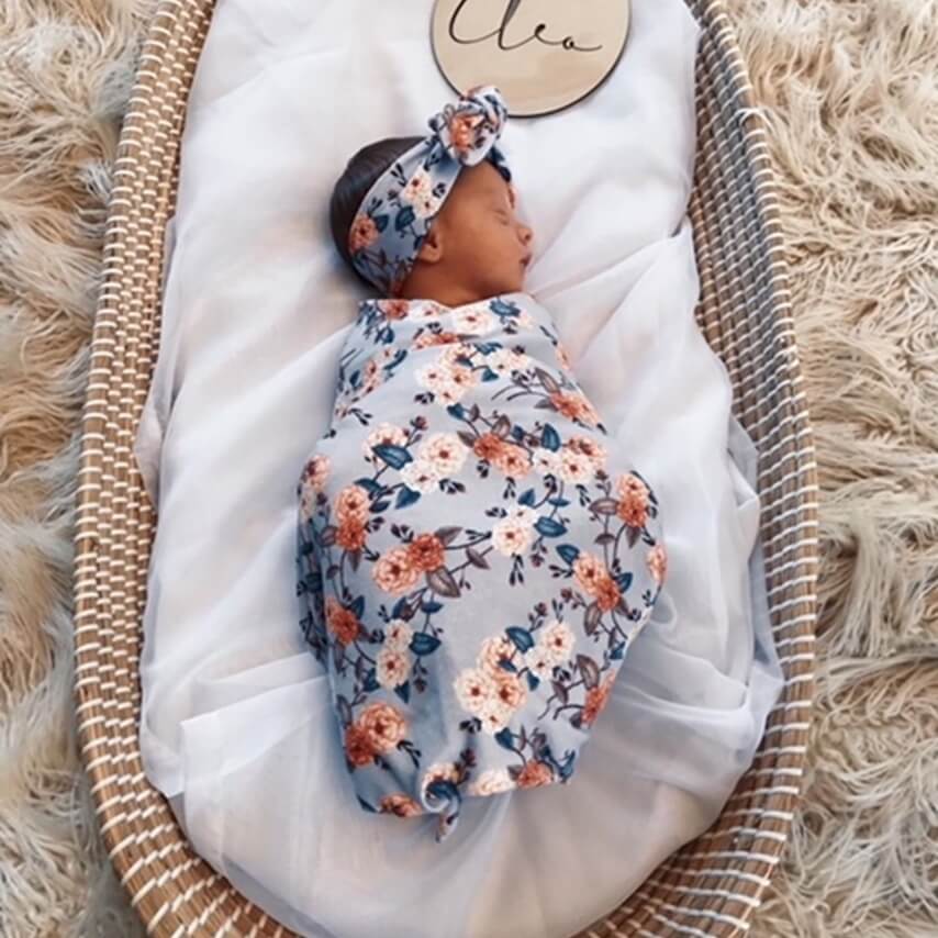 US stockist of Snuggle Hunny Kids vintage blossom jersey wrap + topknot set