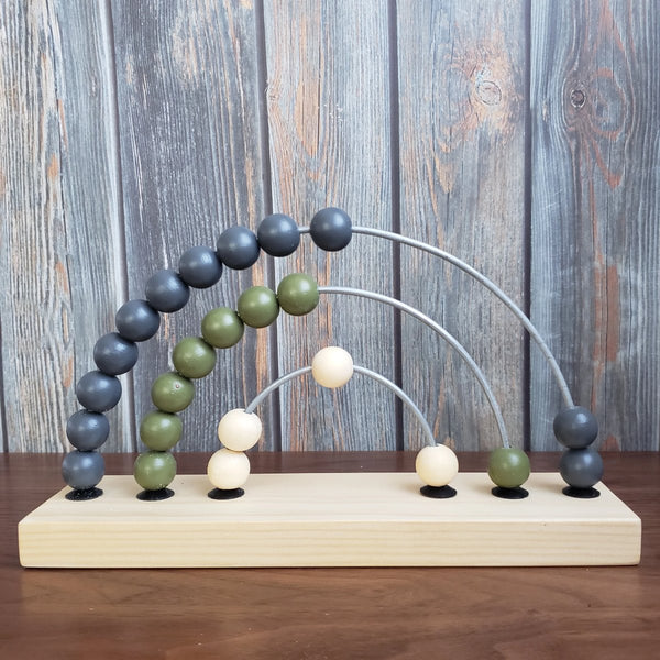 US stockist of Children of the Trees handmade, hand painted, wooden abacus rainbow counter wooden toy in olive and blue. 