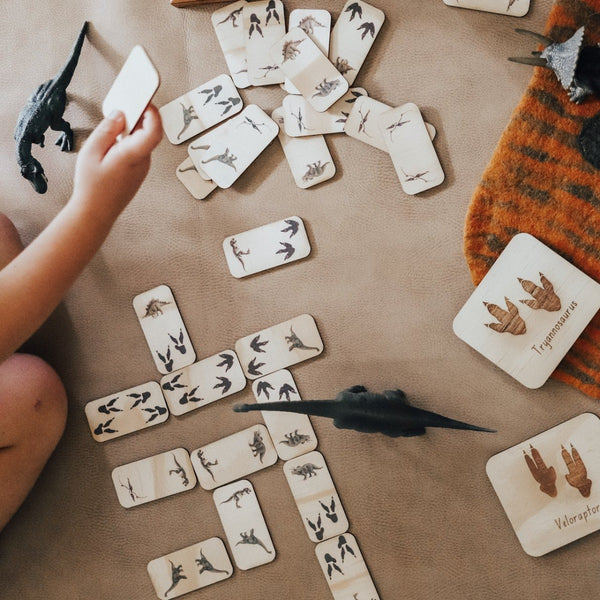 US stockist of Five Little Bears Dinosaur Footprint dominoes.  Set of 28 pieces.