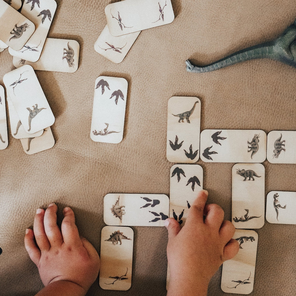 US stockist of Five Little Bears Dinosaur Footprint dominoes.  Set of 28 pieces.