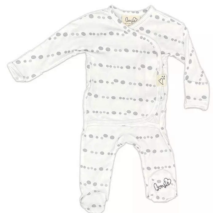 Stockist of Bonsie's rayon blend skipping stone print footie.  Top section has velcro wrap body which can be undone for skin to skin contact.  Elastic waist that can be pulled down for easy diaper changes. 
