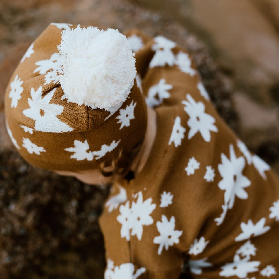 US stockist of Grown Clothing's organic cotton, gender neutral, Winter Garden Pom Pom Beanie in Bronze.