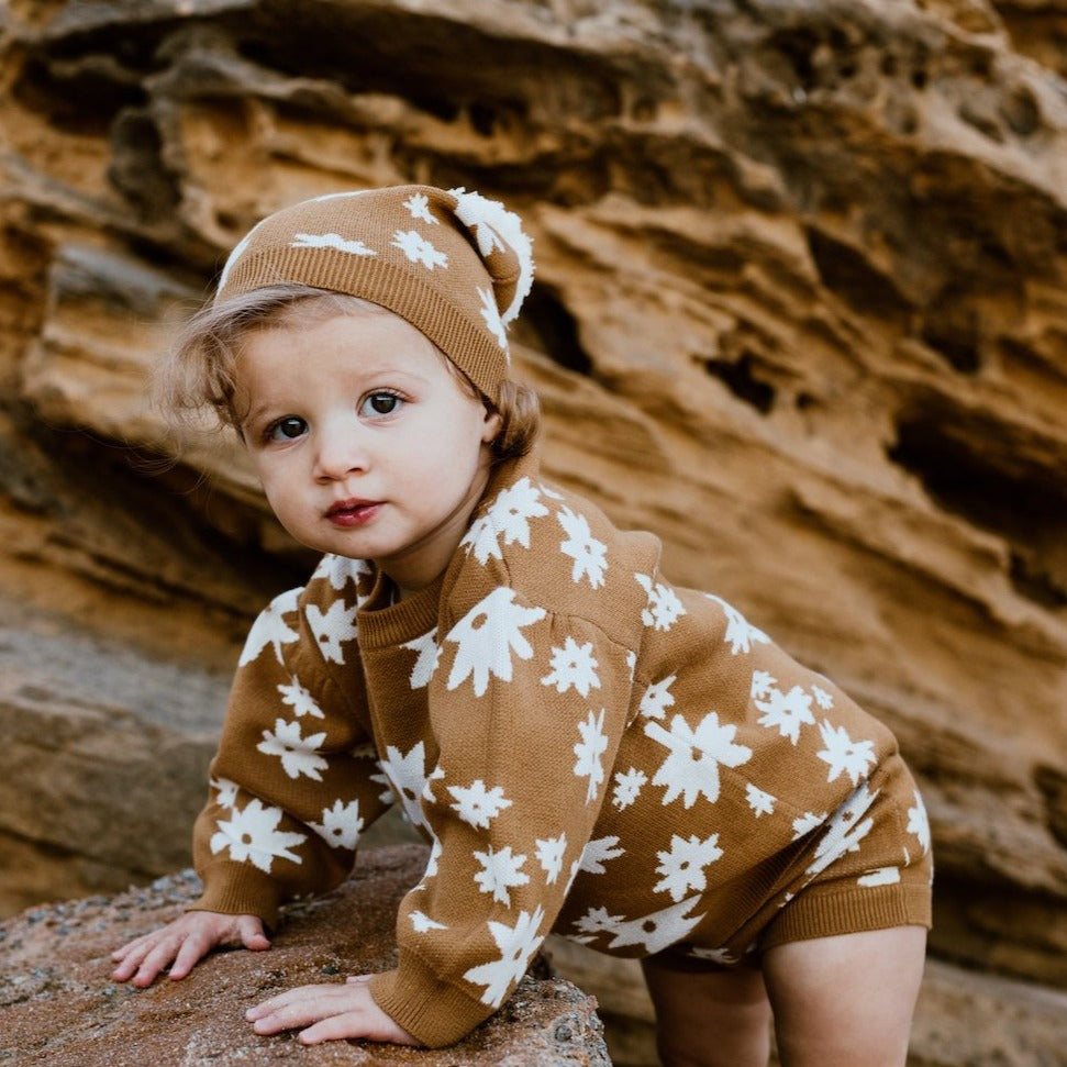 US stockist of Grown Clothing's organic cotton, gender neutral, Winter Garden Pom Pom Beanie in Bronze.
