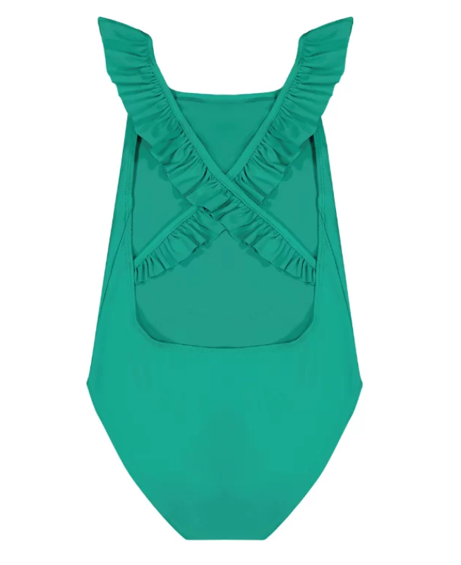 US stockist of Canopea's Alba Crossback romanic ruffle swimsuit in Baleares Green.