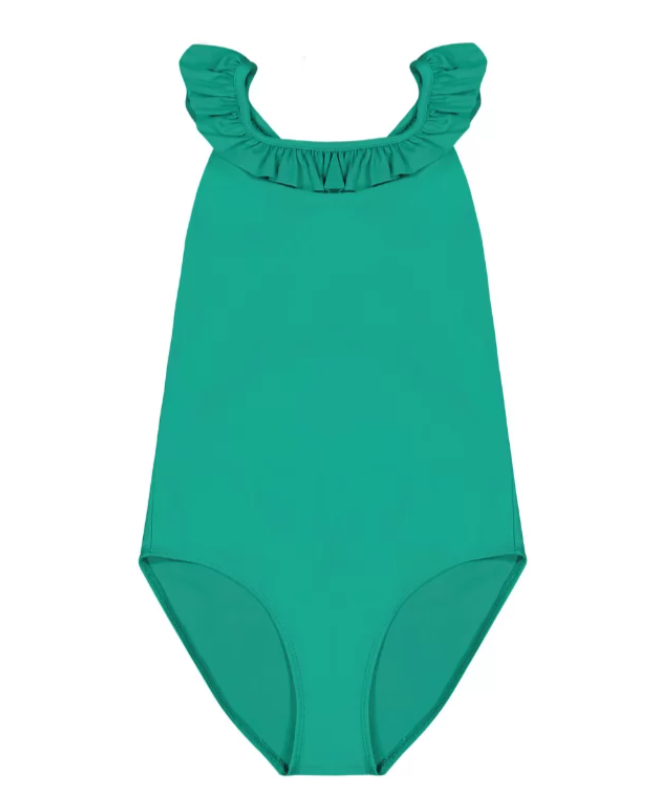 US stockist of Canopea's Alba Crossback romanic ruffle swimsuit in Baleares Green.