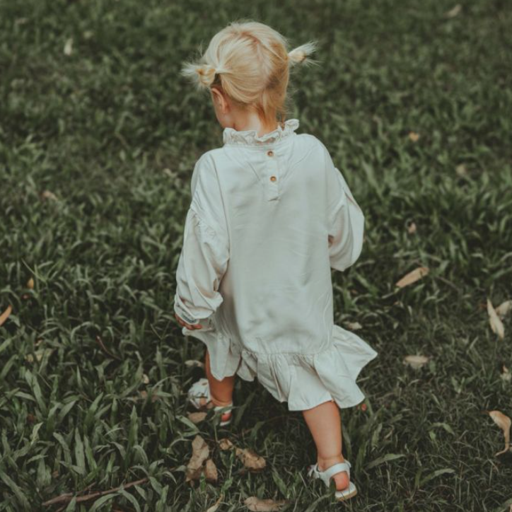 US stockist of Donsje's three quarter sleeve, Kyara Dress in Powder.  Made from a linen blend.