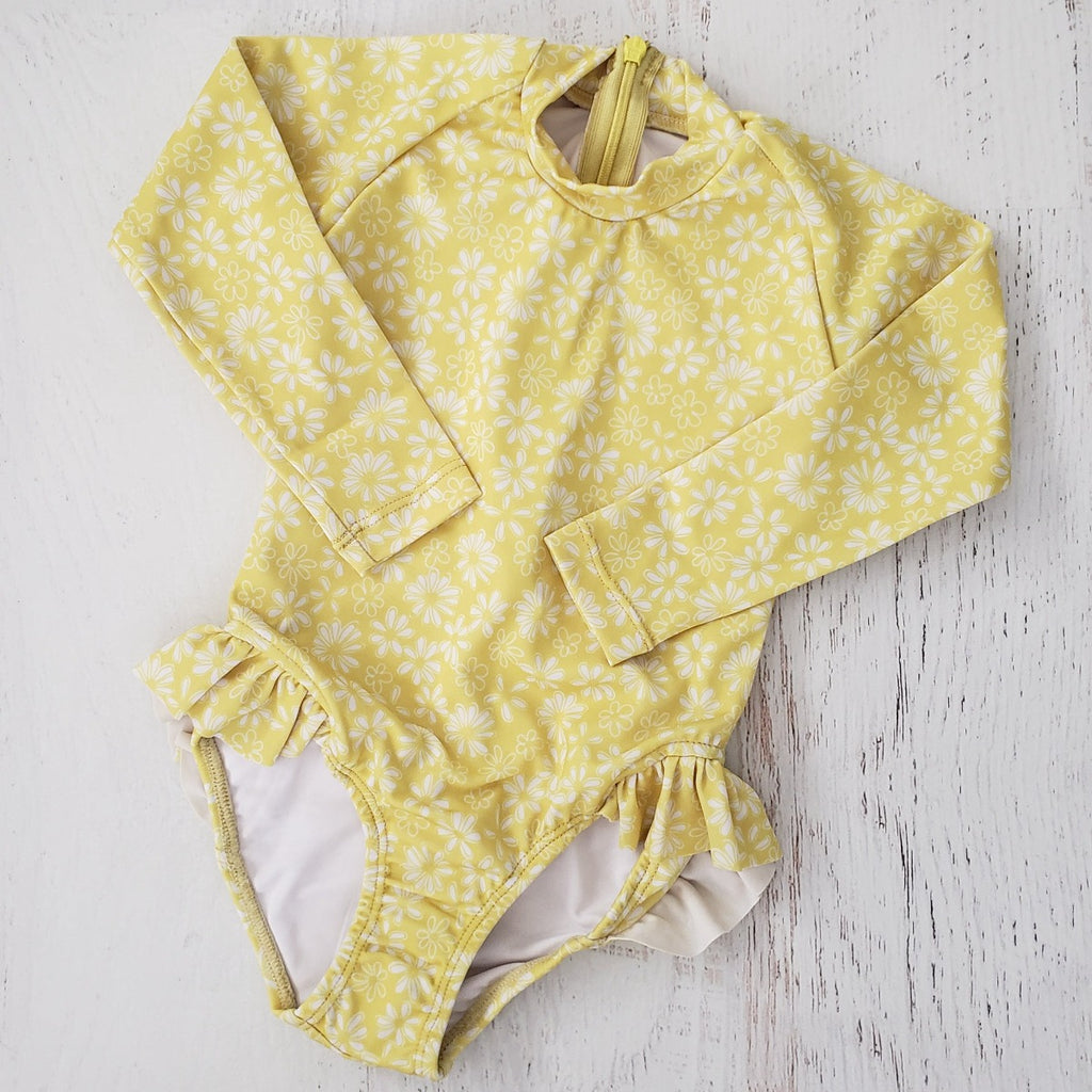 US stockist of Salty Swimwear's Daisy Days Long Sleeve UPF 50 Yellow Rashsuit