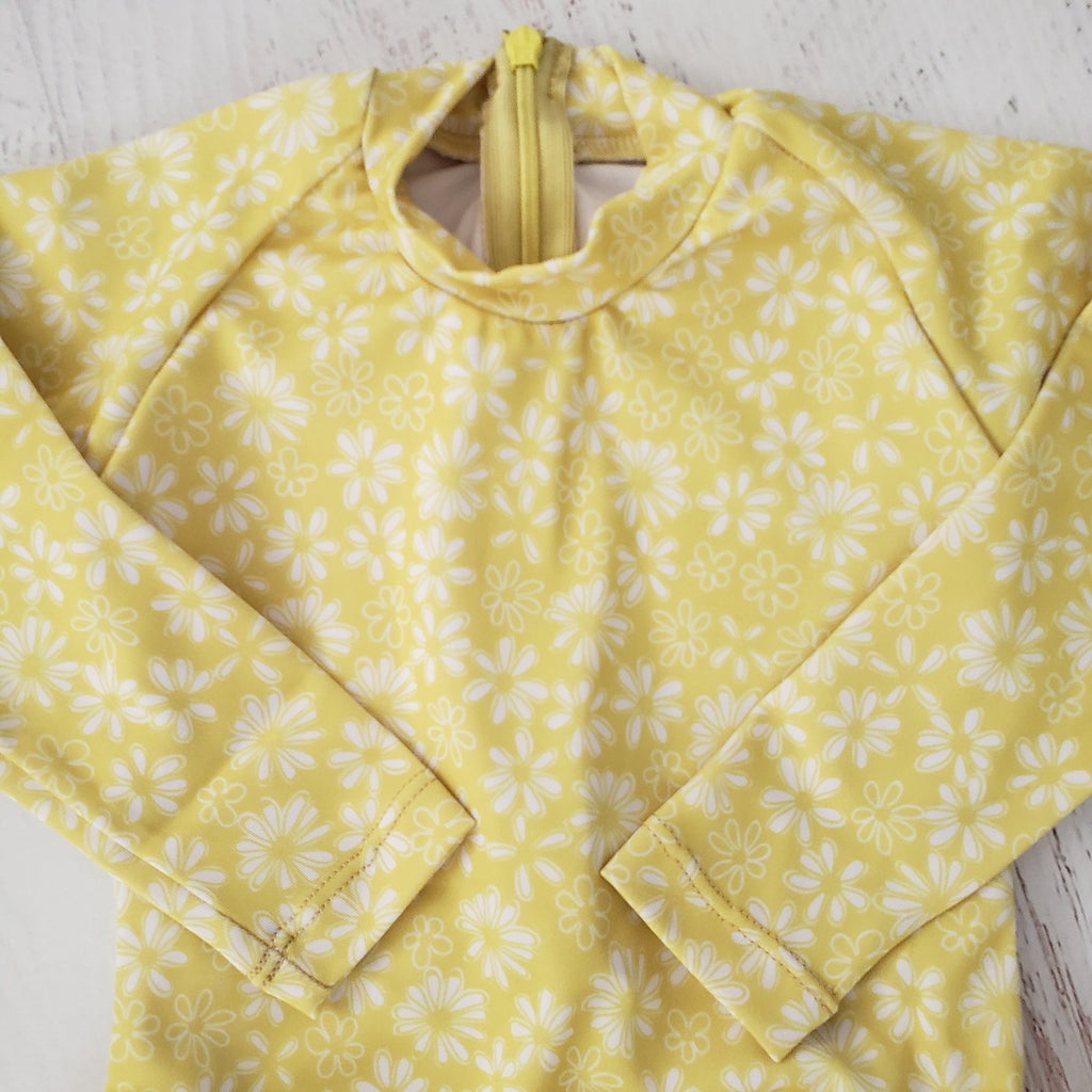 US stockist of Salty Swimwear's Daisy Days Long Sleeve UPF 50 Yellow Rashsuit