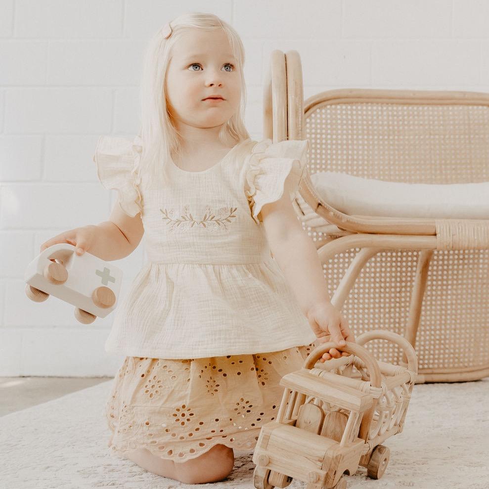 US stockist of India and Grace's broderie anglaise skirt in hazelnut.  Made from cotton, with an elastic waist and full lined.
