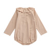 US stockist of Donsje's long sleeve chloe bodysuit in Crystal Pink.  Made from cotton with a ruffle neck.