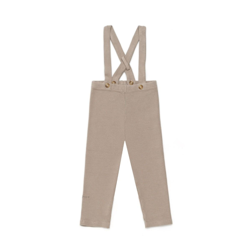 US stockist of Donsje's gender neutral, Dena ribbed suspender leggings in Dark Taupe.