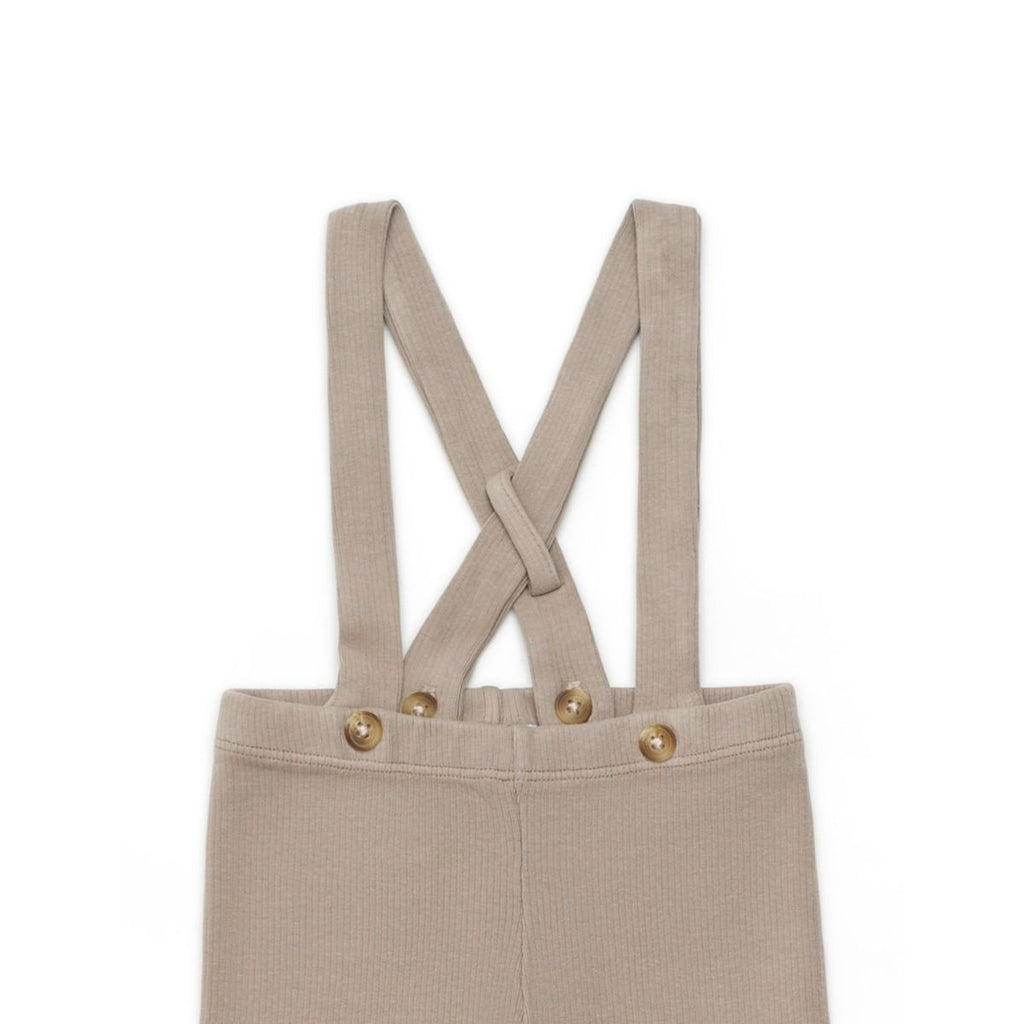 US stockist of Donsje's gender neutral, Dena ribbed suspender leggings in Dark Taupe.
